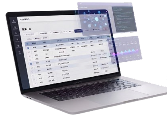 vivasoの管理画面イメージ。ノートPCに顧客一覧が表示されている